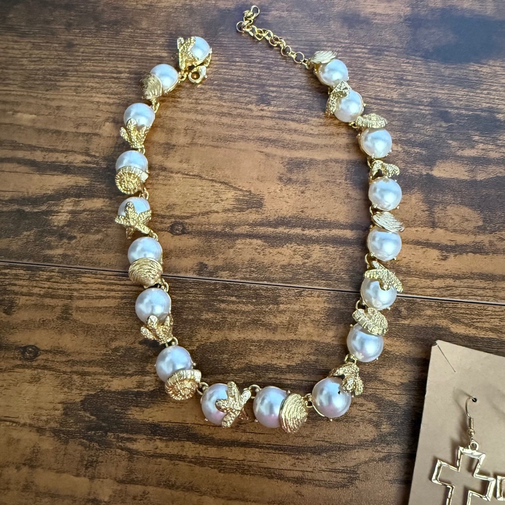 Women‎ Gold Coastal Jewelry Set Faux Pearl Shell Necklace Bracelet Cuff Earrings - Picture 5 of 7